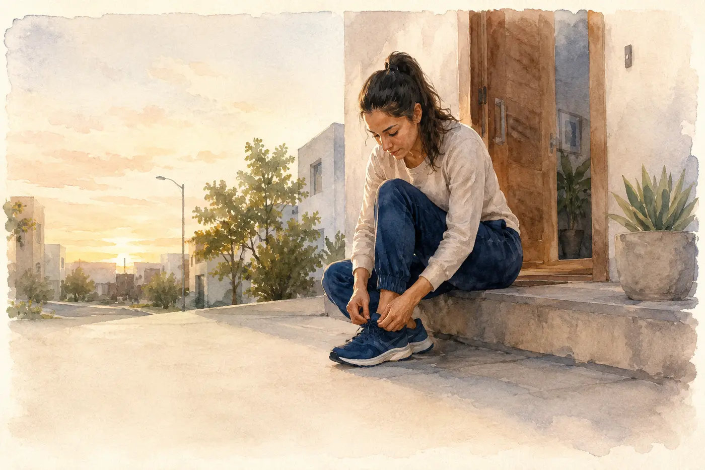 Mujer amarrándose los tenis al amanecer