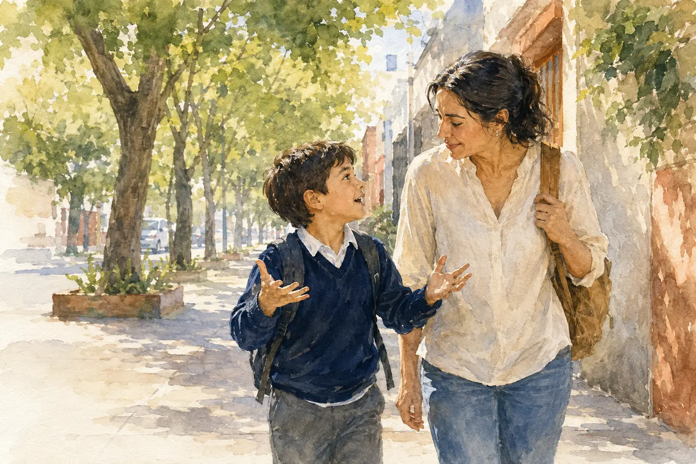 Mamá e hijo platicando de camino a casa
