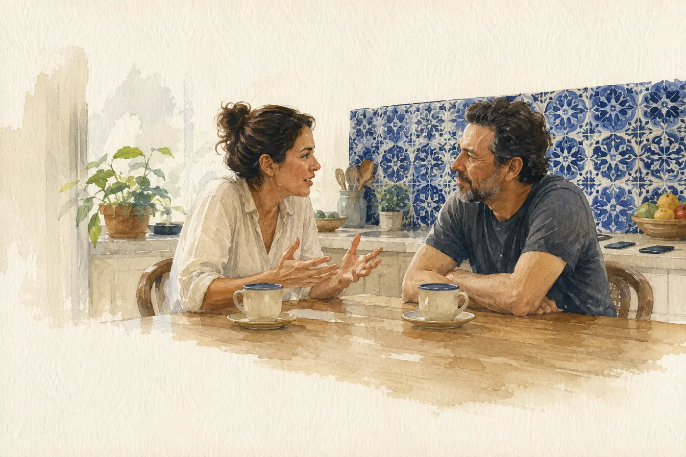 Pareja conversando de frente en la cocina, con café