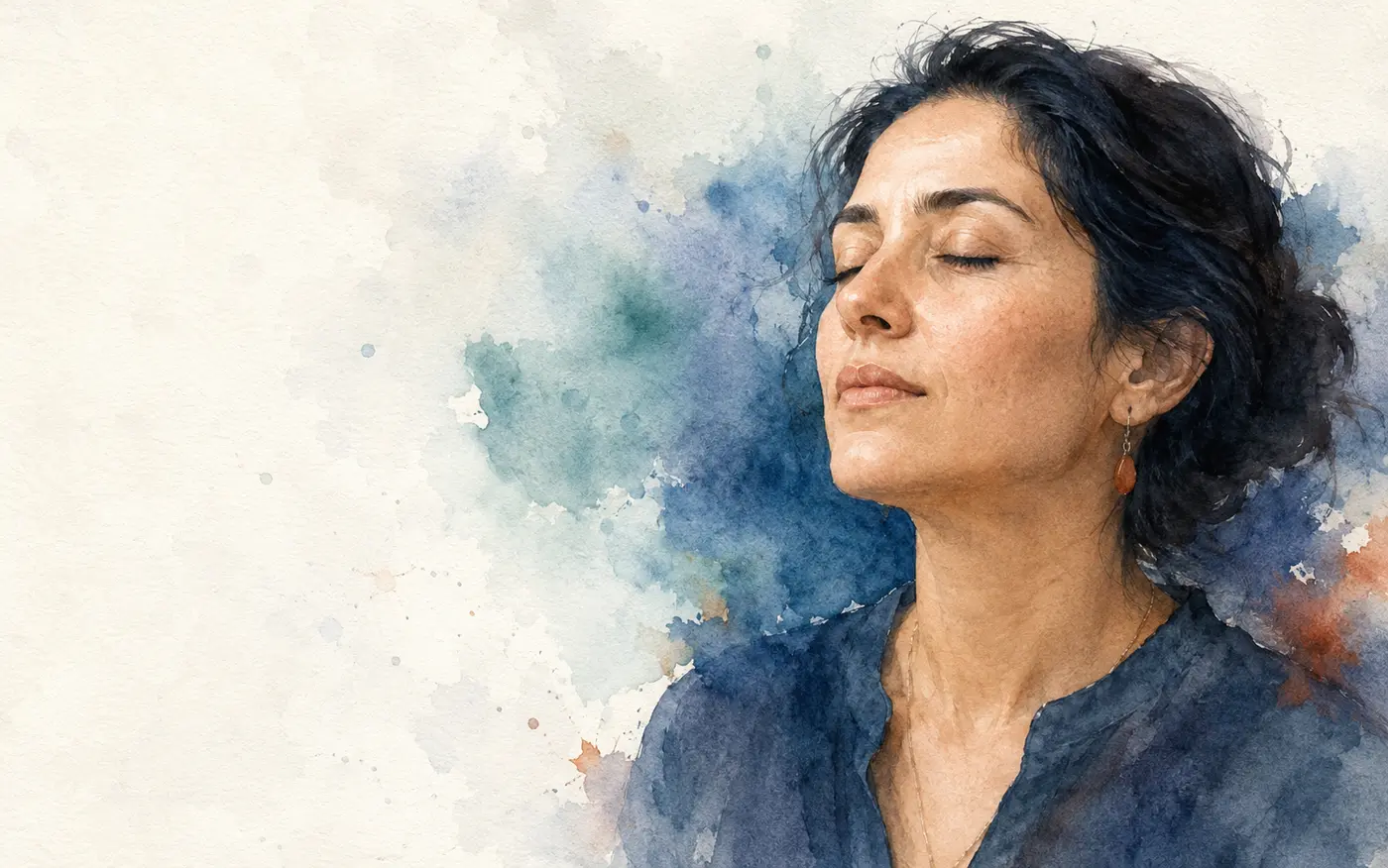 Mujer respirando con calma, acuarela en azules