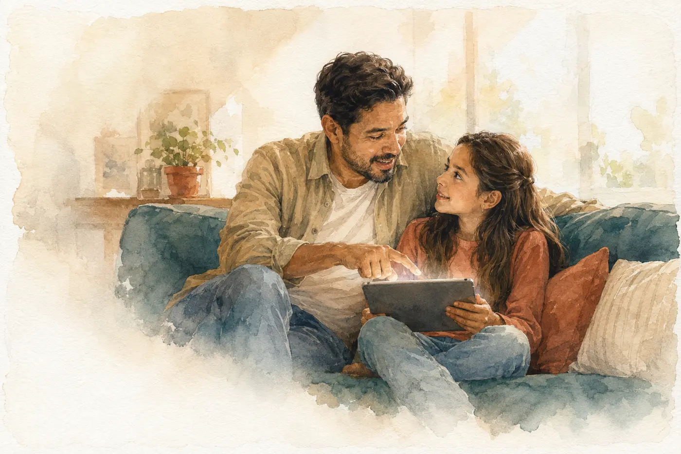 Papá e hija compartiendo una tablet en el sofá